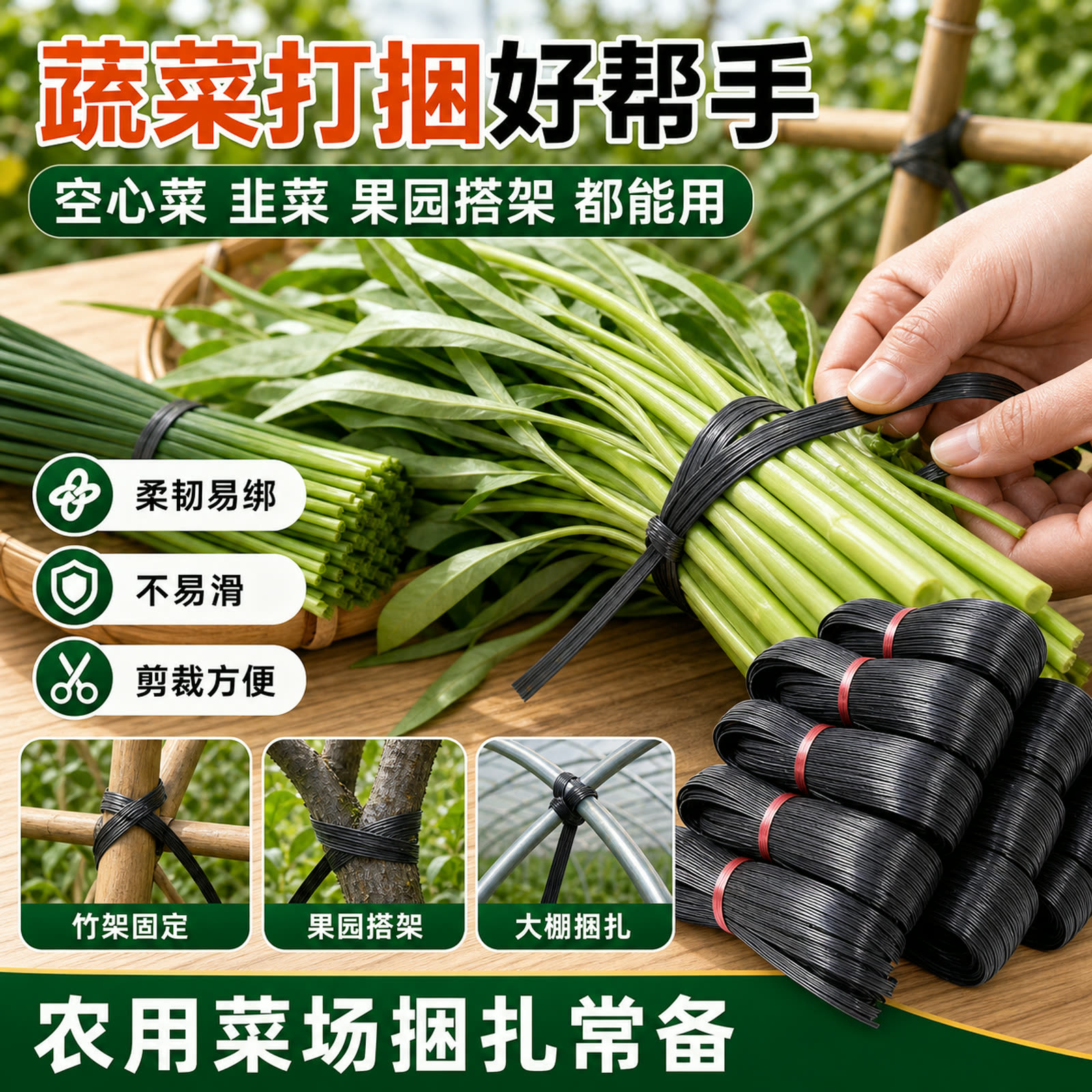 Vegetable bundling with black plastic tying twine