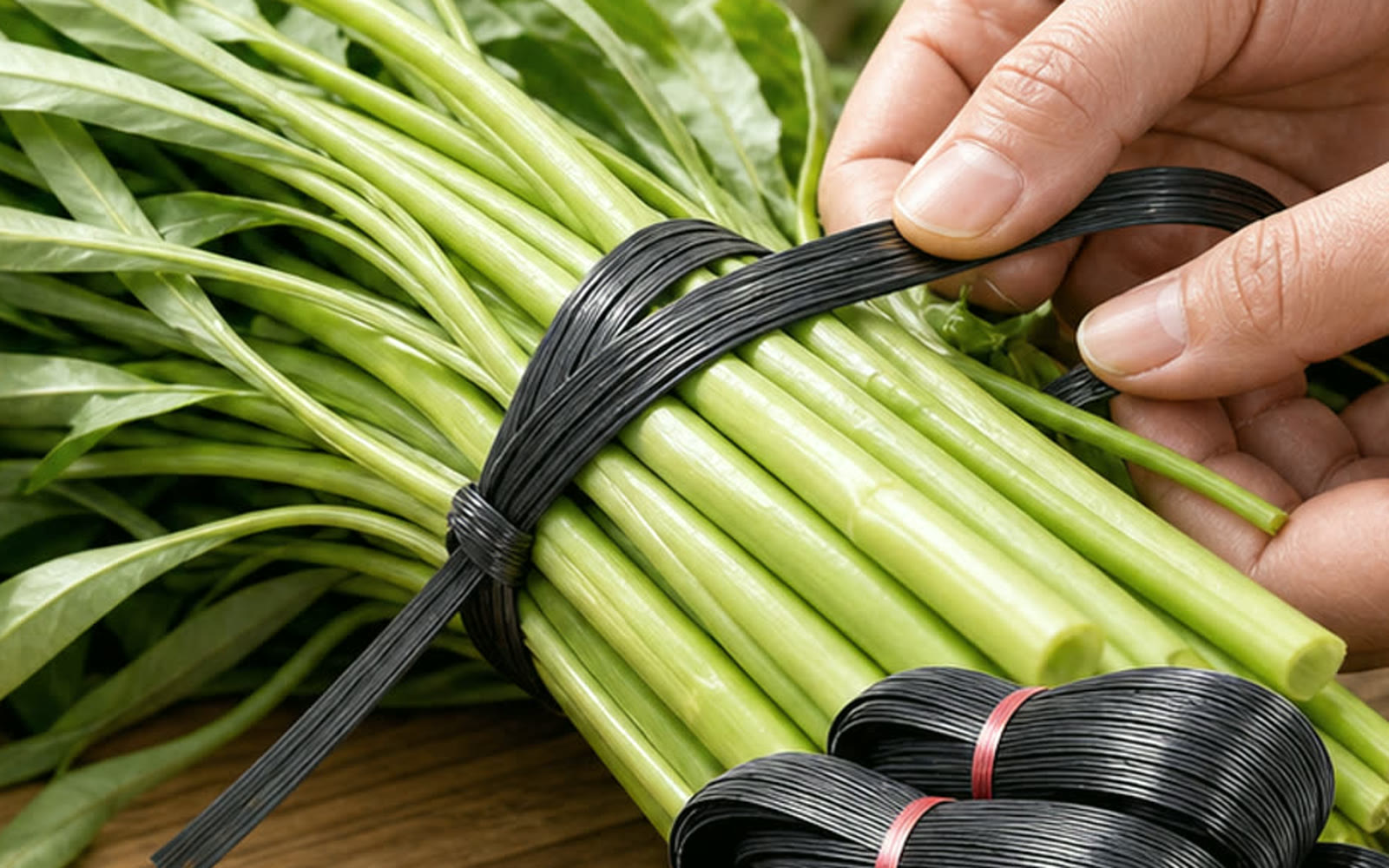 Vegetable bundling with plastic tying twine